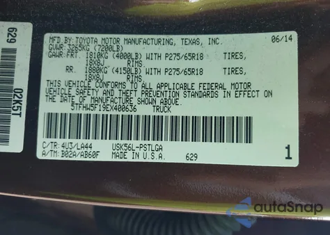 2014 Toyota Tundra Limited 5.7L V8 из США, поврежденный, VIN 5TFHW5F19EX400636